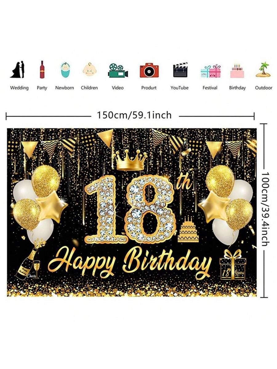 Black & Gold 18th Birthday Backdrop with Rhinestone Numbers
