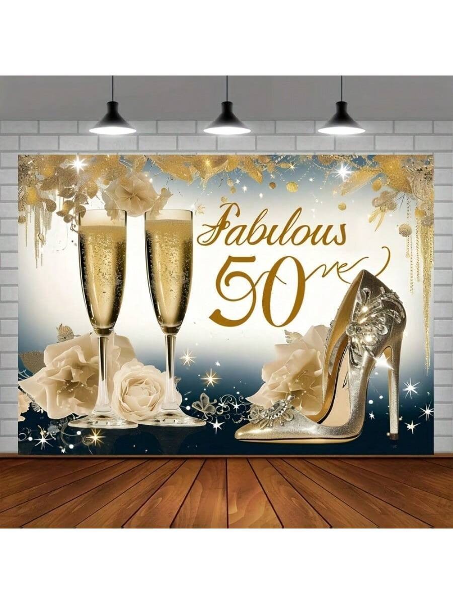 Golden Glam 50th Birthday Backdrop – High Heels & Champagne Party Banner