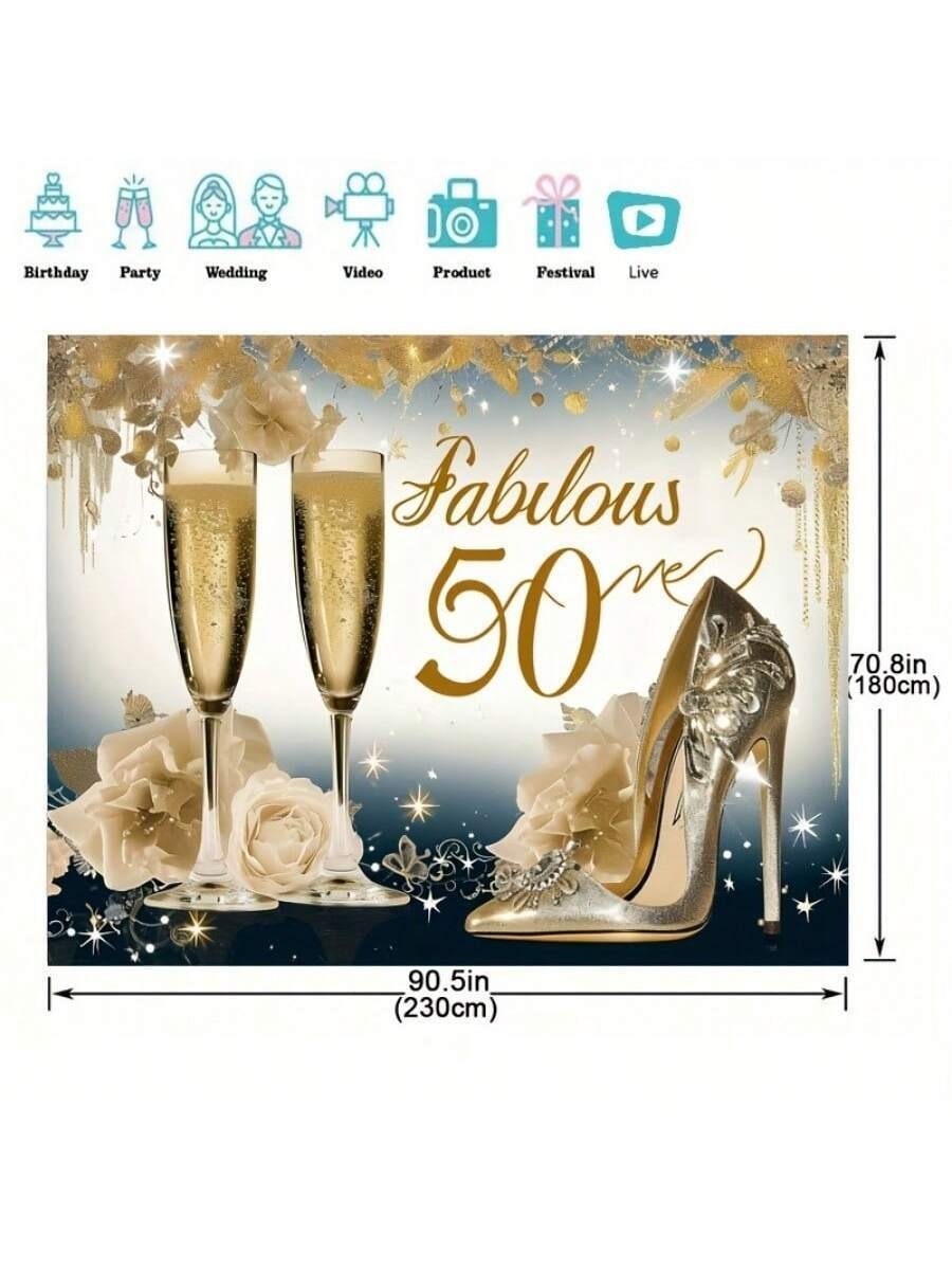 Golden Glam 50th Birthday Backdrop – High Heels & Champagne Party Banner
