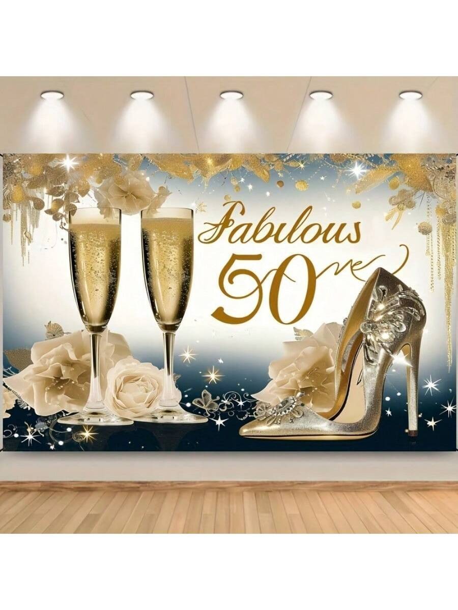 Golden Glam 50th Birthday Backdrop – High Heels & Champagne Party Banner