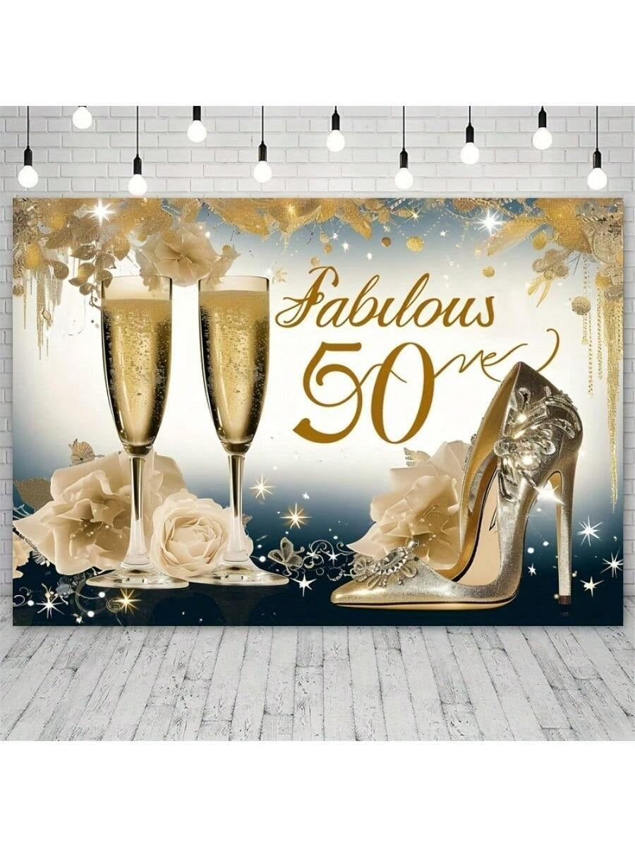 Golden Glam 50th Birthday Backdrop – High Heels & Champagne Party Banner