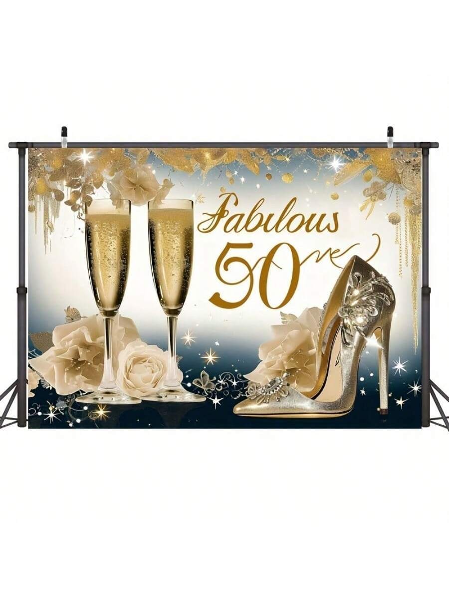 Golden Glam 50th Birthday Backdrop – High Heels & Champagne Party Banner