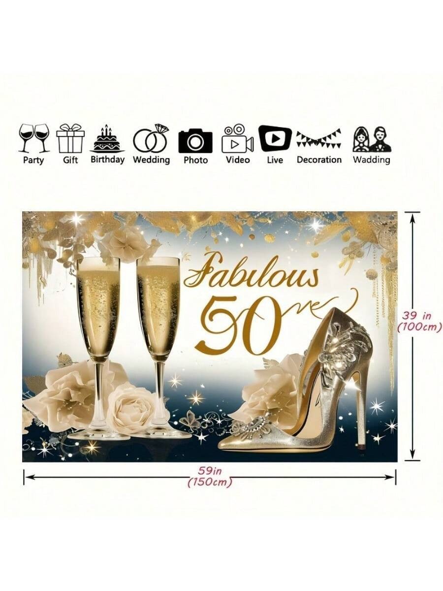 Golden Glam 50th Birthday Backdrop – High Heels & Champagne Party Banner