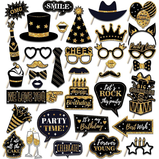 36PCS Black & Gold Birthday Photo Booth Props Set