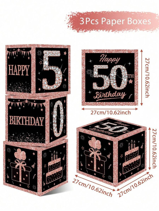 3pcs Rose Gold 50th Birthday Surprise Boxes – Elegant Decorative Gift Display Set