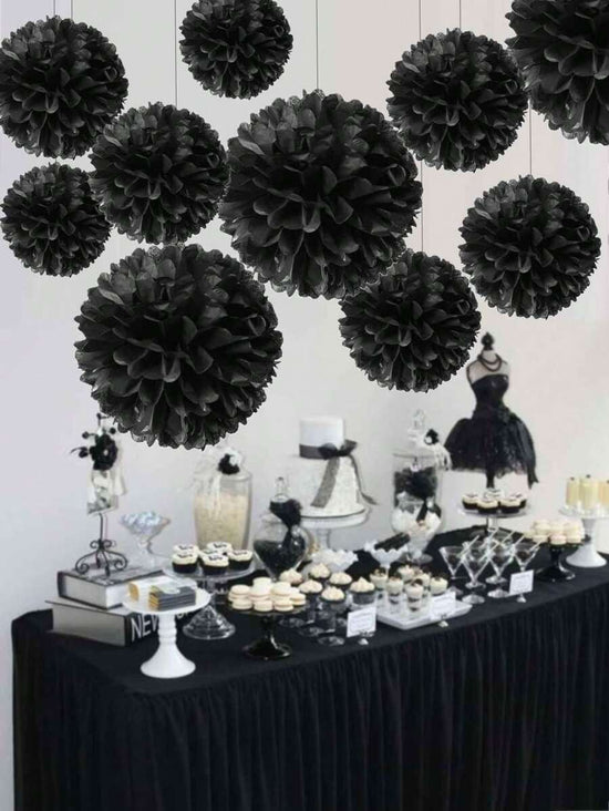 Black Paper Pompoms & Lanterns – Halloween Party Decor