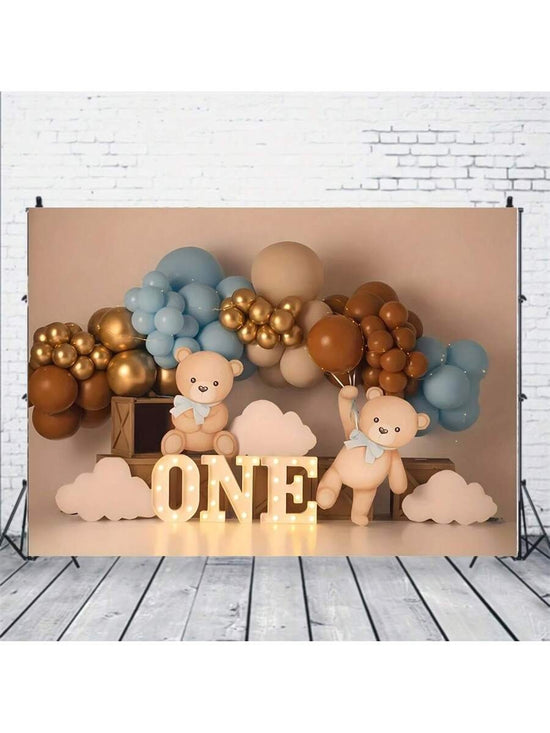 Teddy Bear “ONE” First Birthday Backdrop – Gold & Clouds Theme