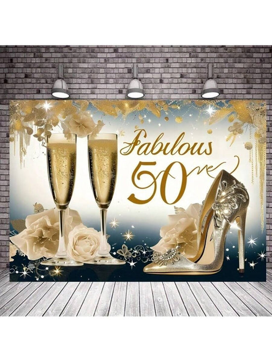 Golden Glam 50th Birthday Backdrop – High Heels & Champagne Party Banner