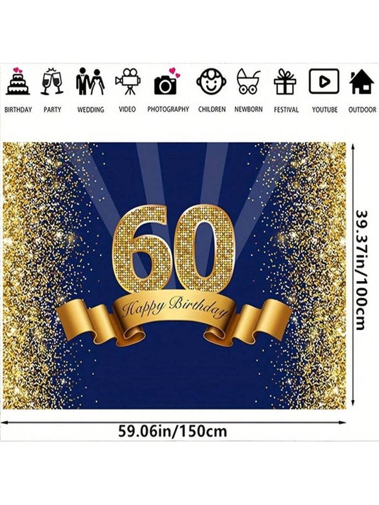 Elegant Navy & Gold 60th Birthday Backdrop – Sparkle Photo Booth Banner