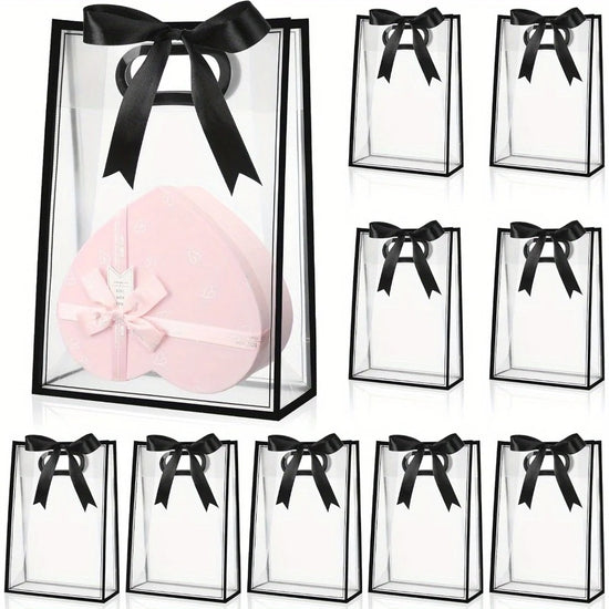 10pcs Clear Plastic Gift Bags with Ribbon & Die-Cut Handles