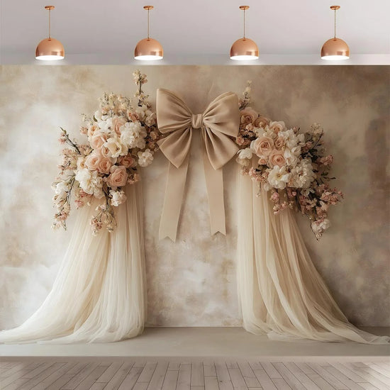 Elegant Beige & Pink Floral Chiffon Bow Backdrop